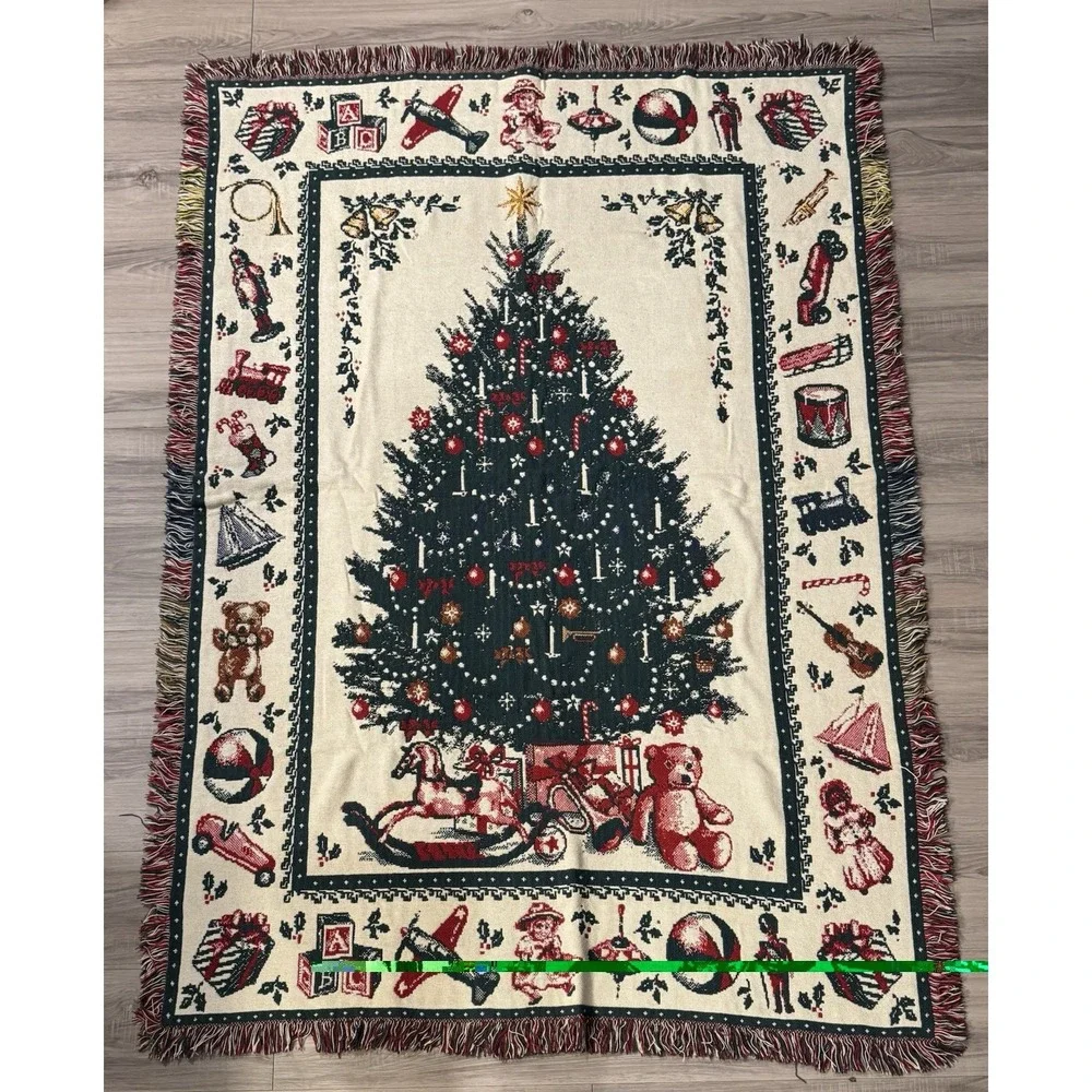 Vintage Christmas Tree Throw Blanket Tapestry Reversible 66x46